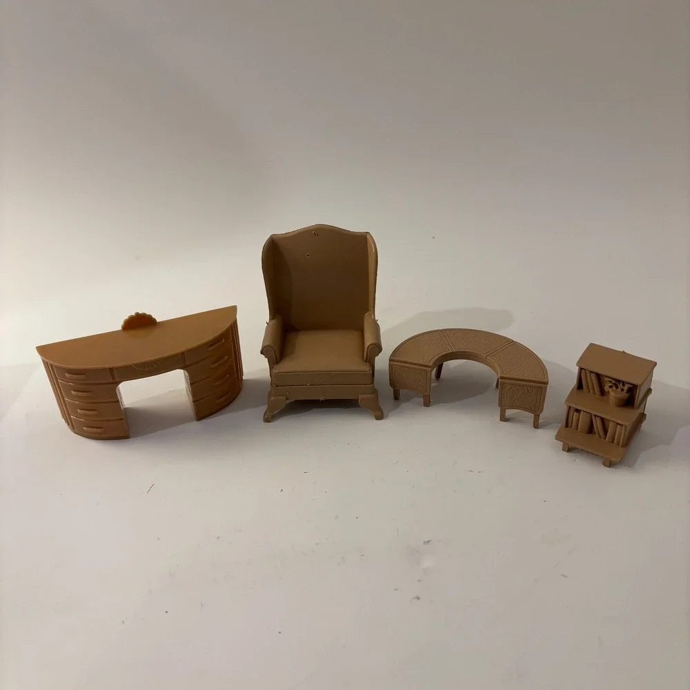 VTG Marx Dollhouse Tan Living Room Study Furniture Lot Desk Chair Bookcase 1:16